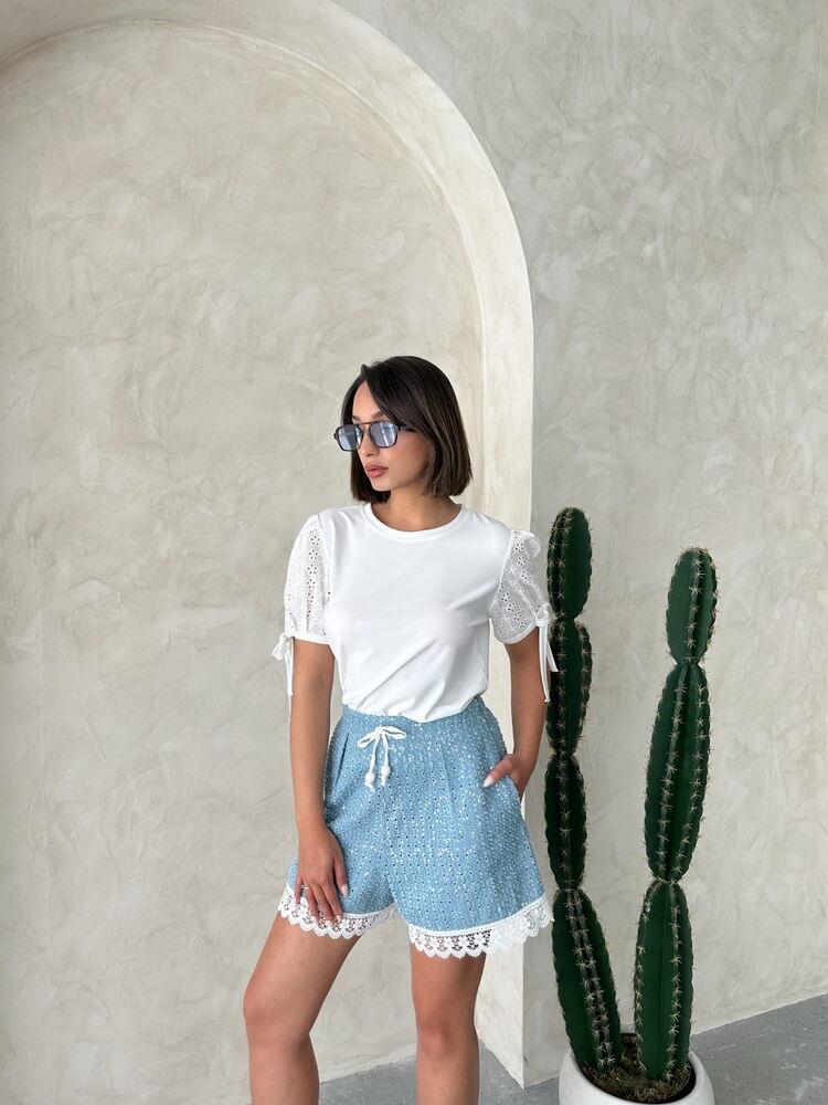 Sequin Denim Shorts with Guipure Detail - Blue