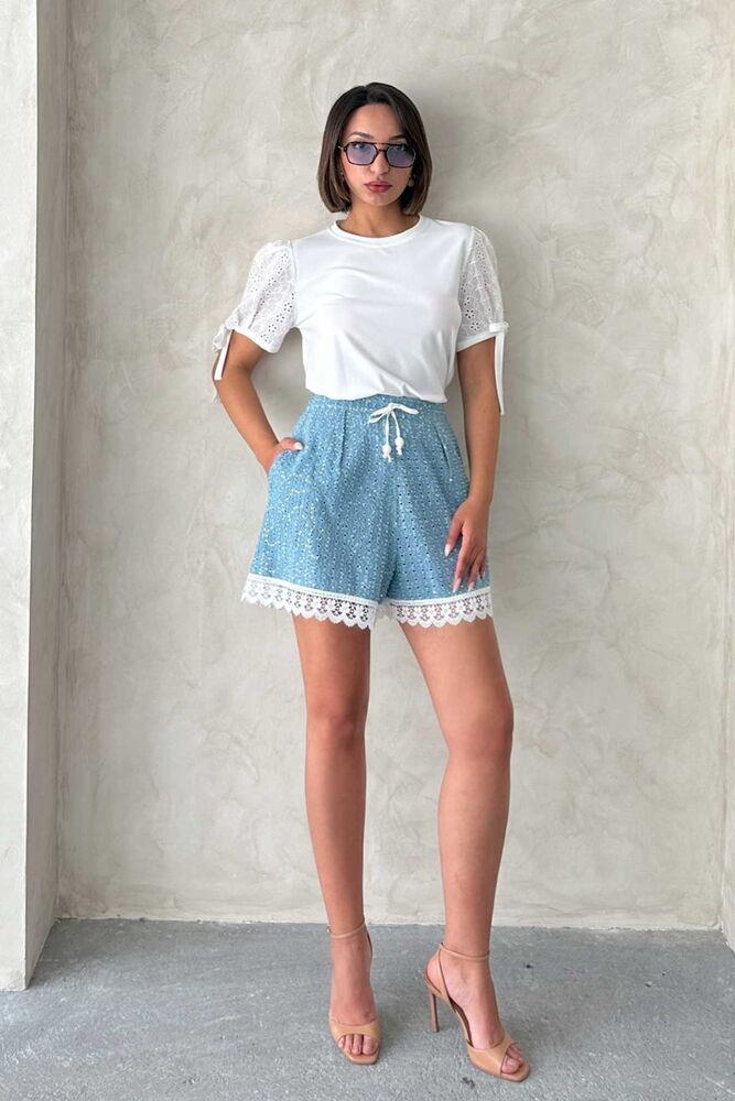 Sequin Denim Shorts with Guipure Detail - Blue