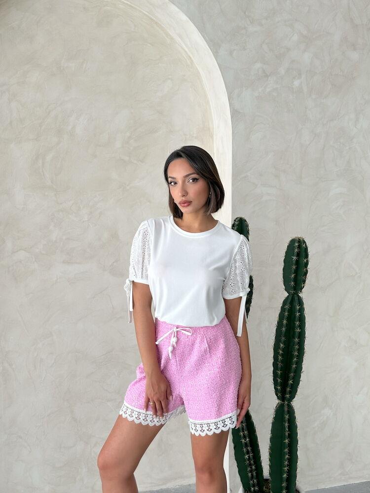 Sequin Denim Shorts with Guipure Detail - Pink