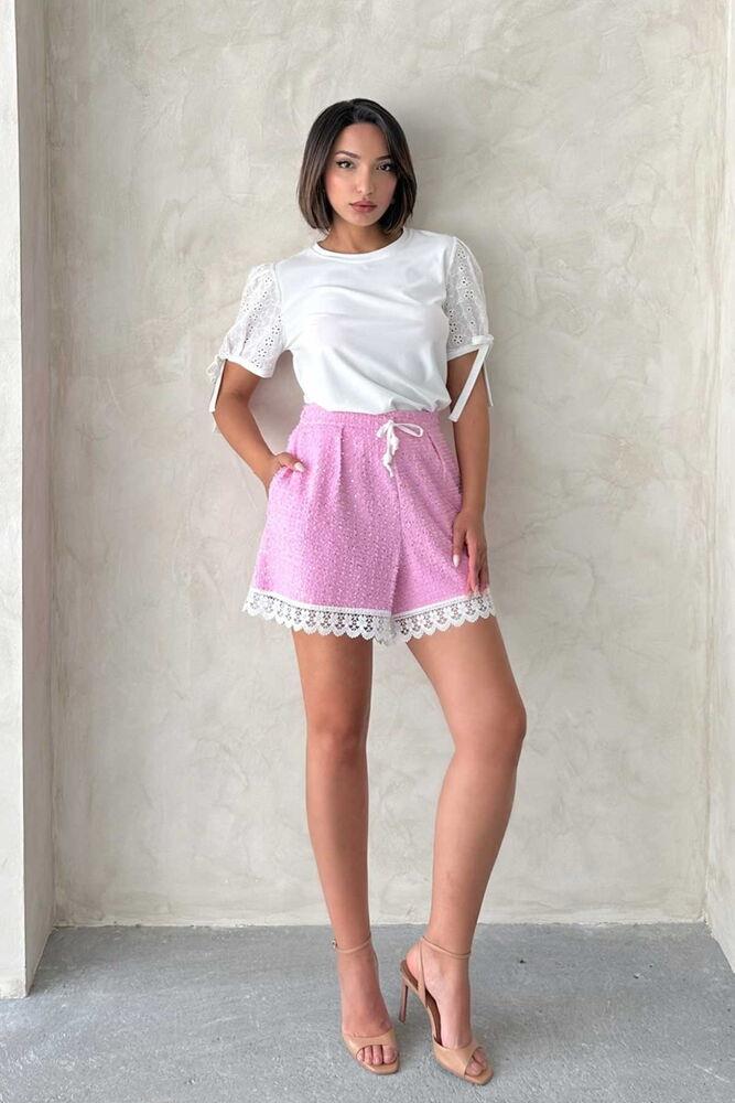 Sequin Denim Shorts with Guipure Detail - Pink
