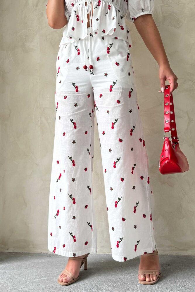 D 2884 Nakışlı Vual Pantolon - Kırmızı