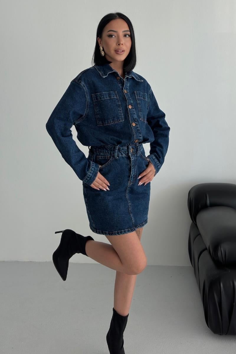 Düğmeli Mini Kot Elbise 3027-01-(S-L-3)