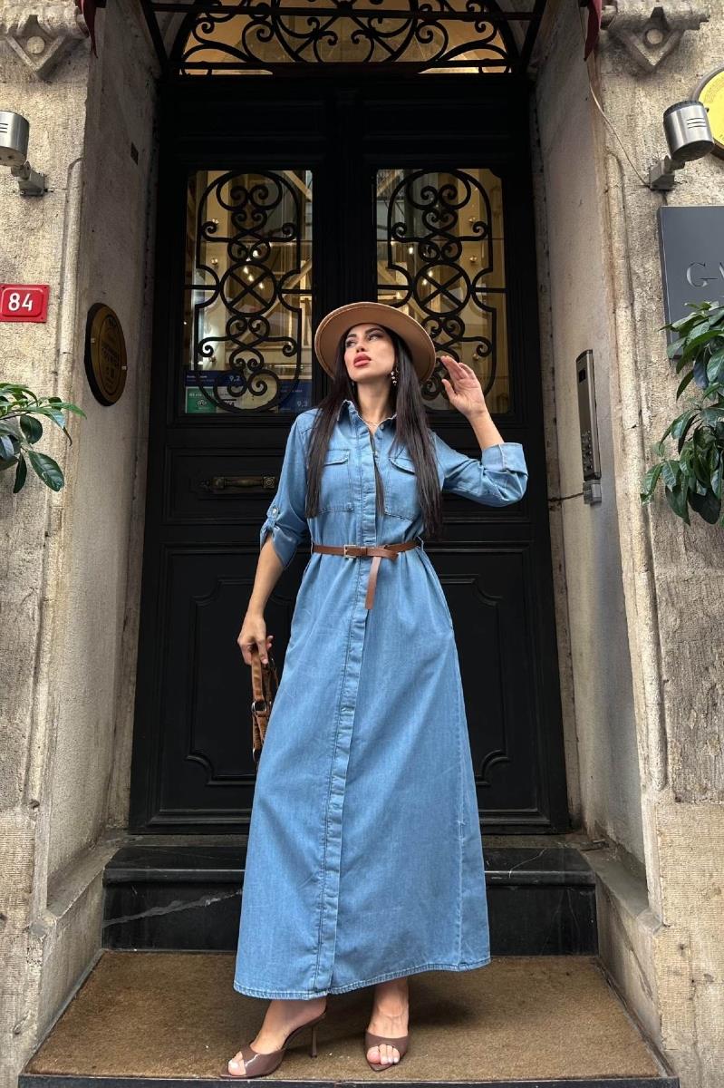 Düğmeli Uzun Elbise 3039-26-(S-XL)