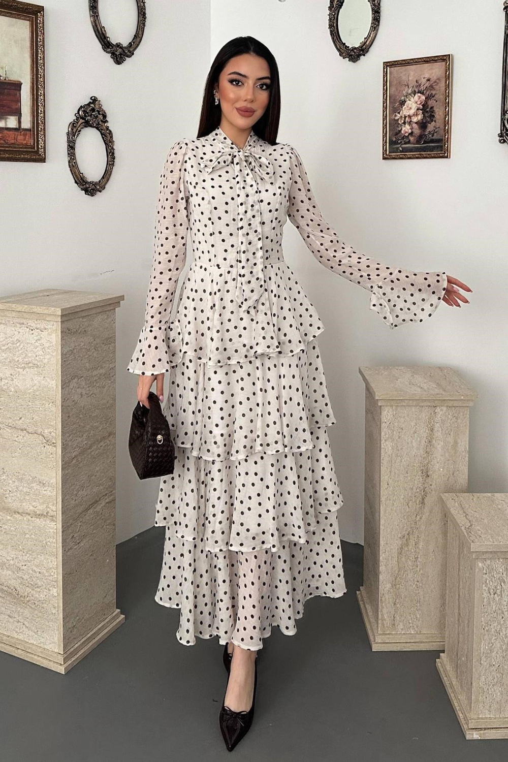 Wholesale Ecru Polka Dot Layered Dress