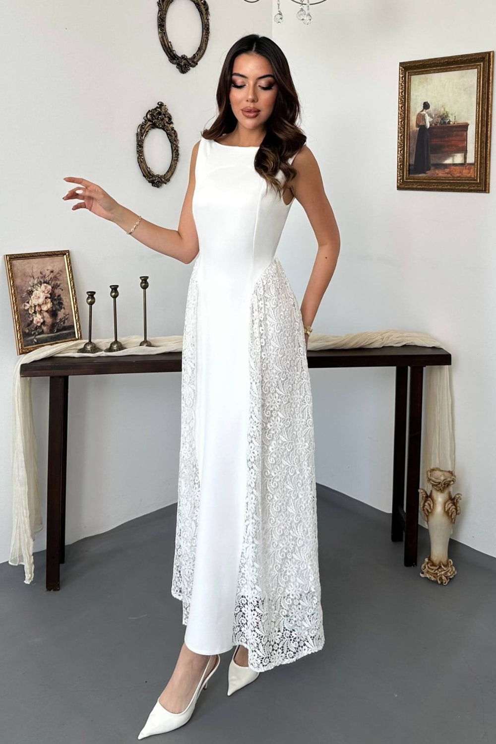 Wholesale Womens Ecru Dress with Lace Side Panels