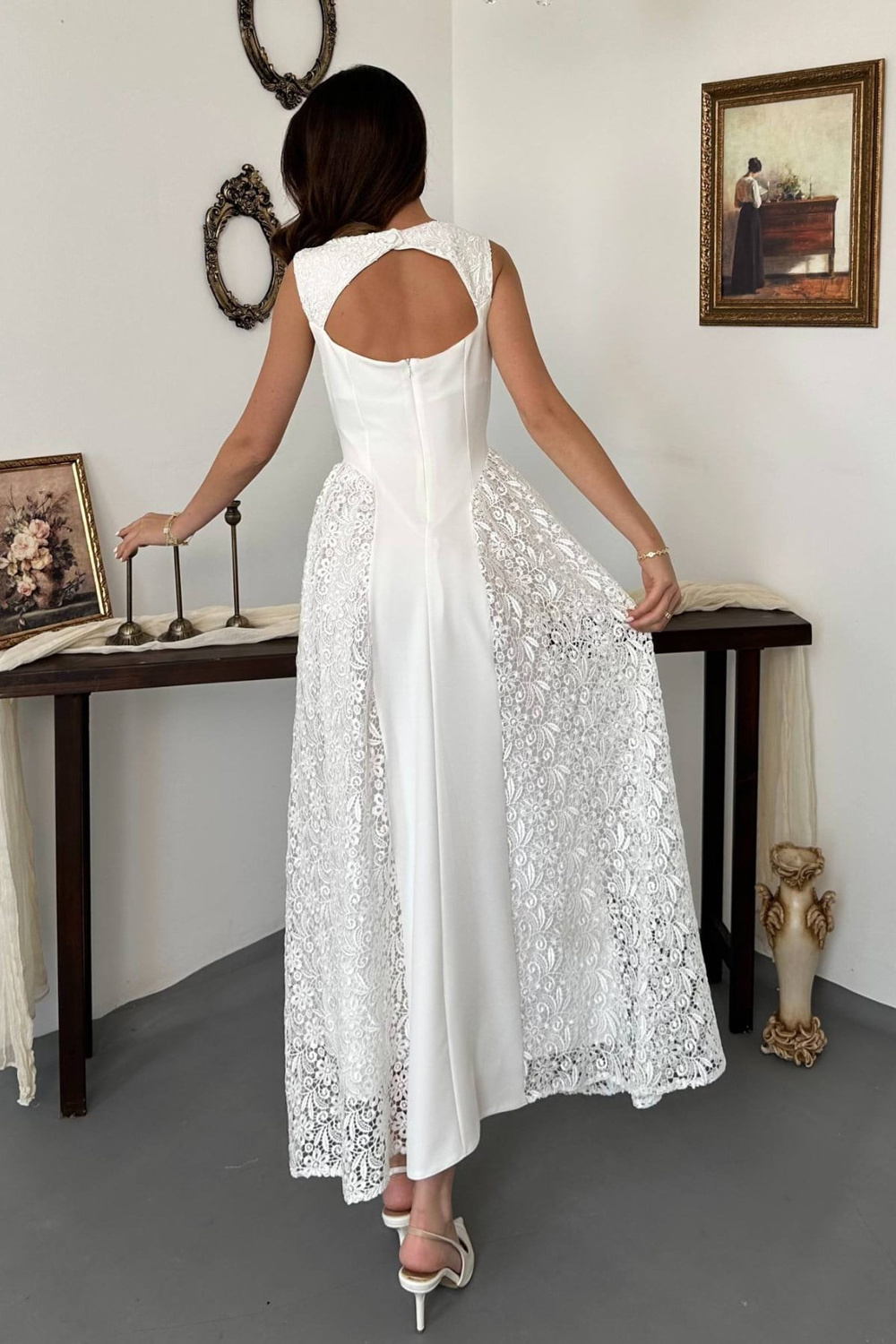 Wholesale Womens Ecru Dress with Lace Side Panels
