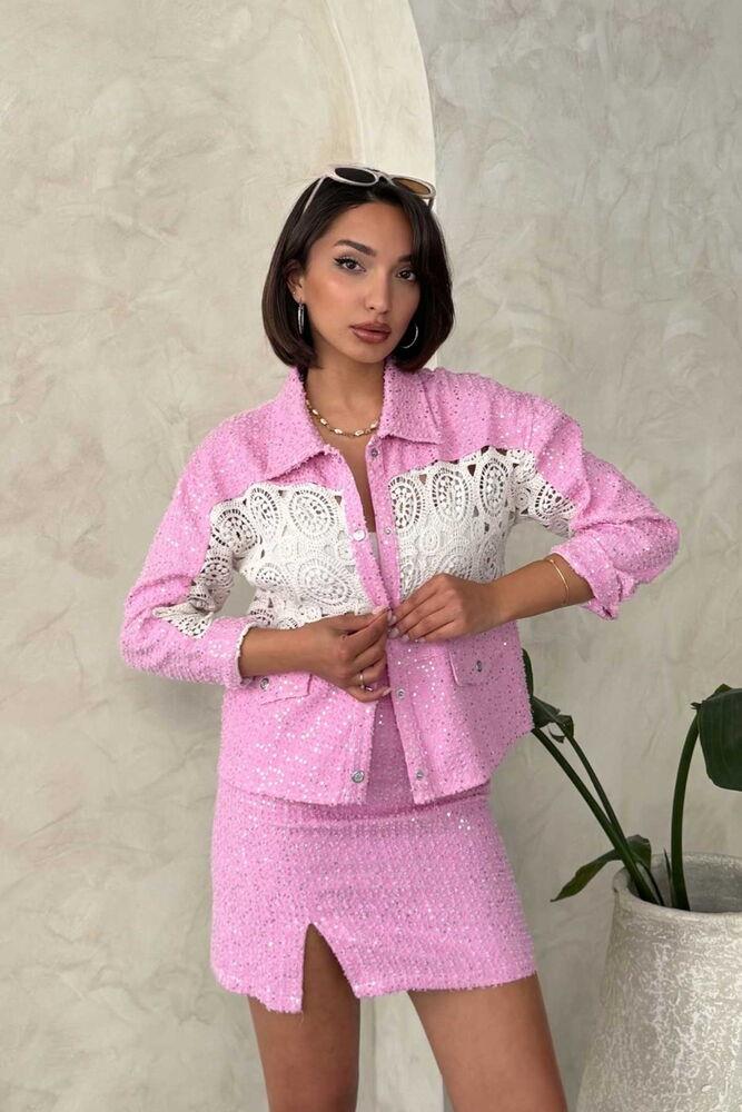 F 1758 Denim Jacket with Lace Detail - Pink