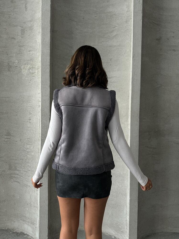 F Suet Wholesale Vest with Fur Collar - Gray Gray