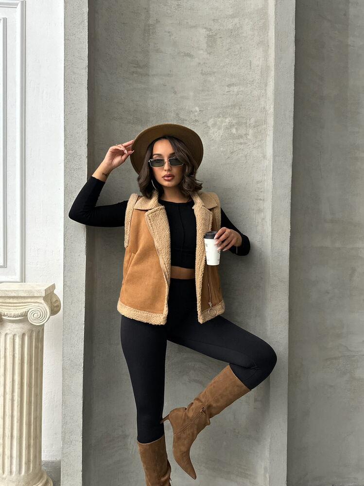 F Suet Wholesale Vest with Fur Collar - Tan