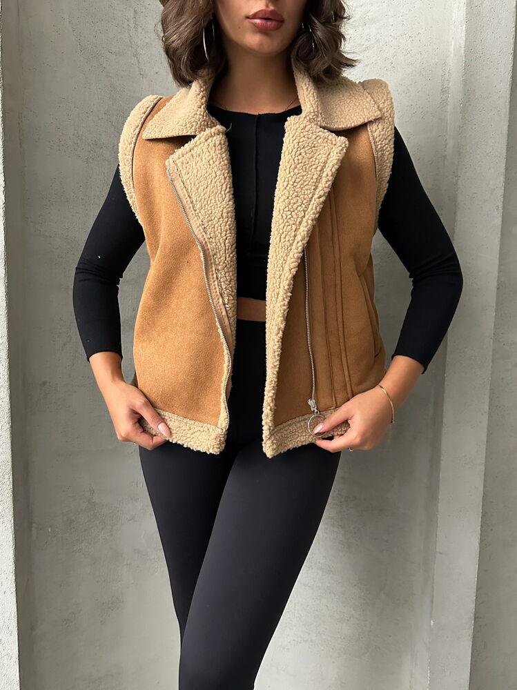 F Suet Wholesale Vest with Fur Collar - Tan