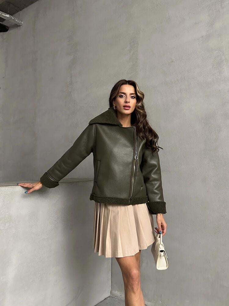 Zippered Leather Wholesale Coat - Khaki