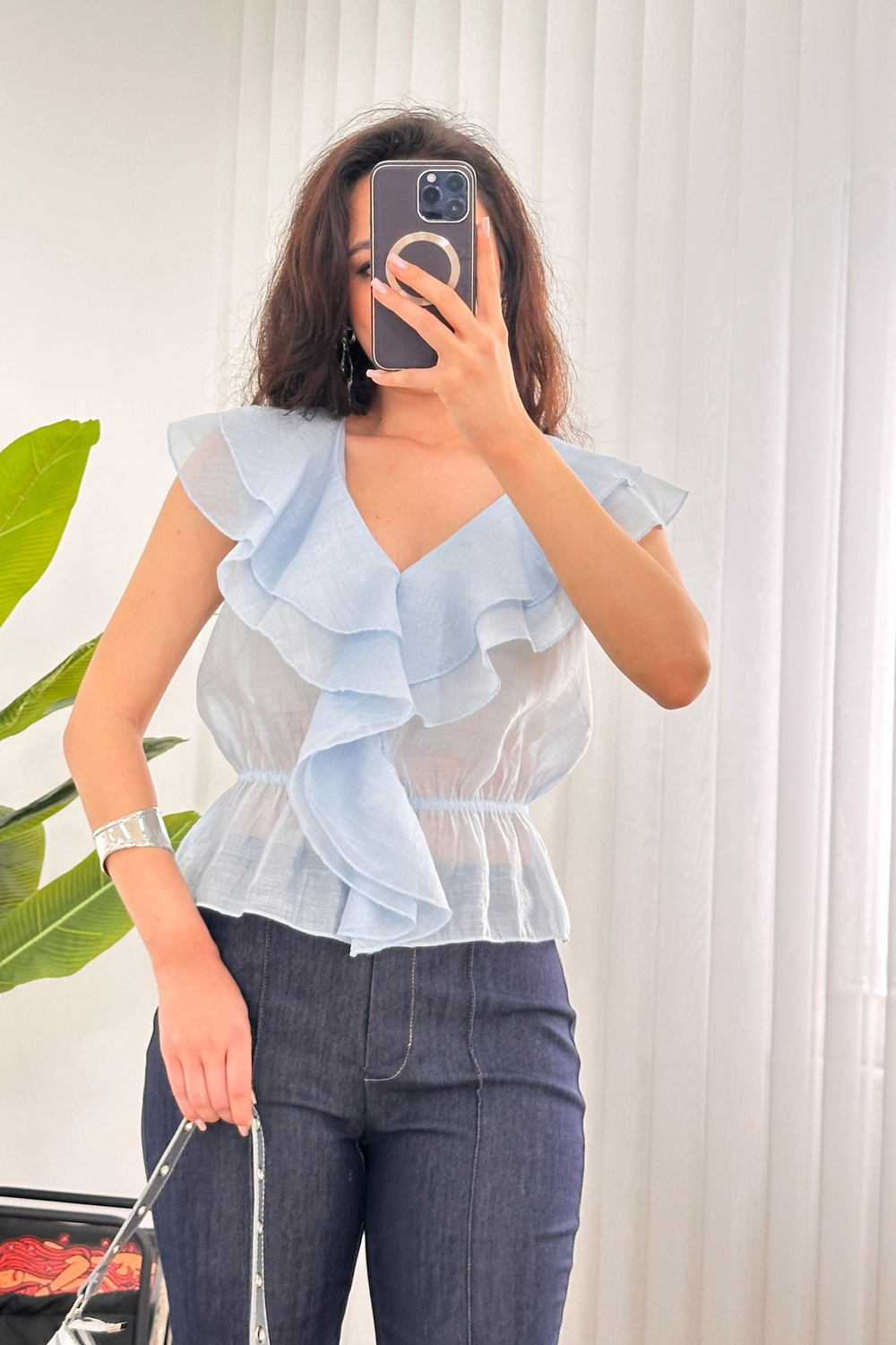 Fırfırlı Beli Lastikli Toptan Bebe Mavisi Bluz