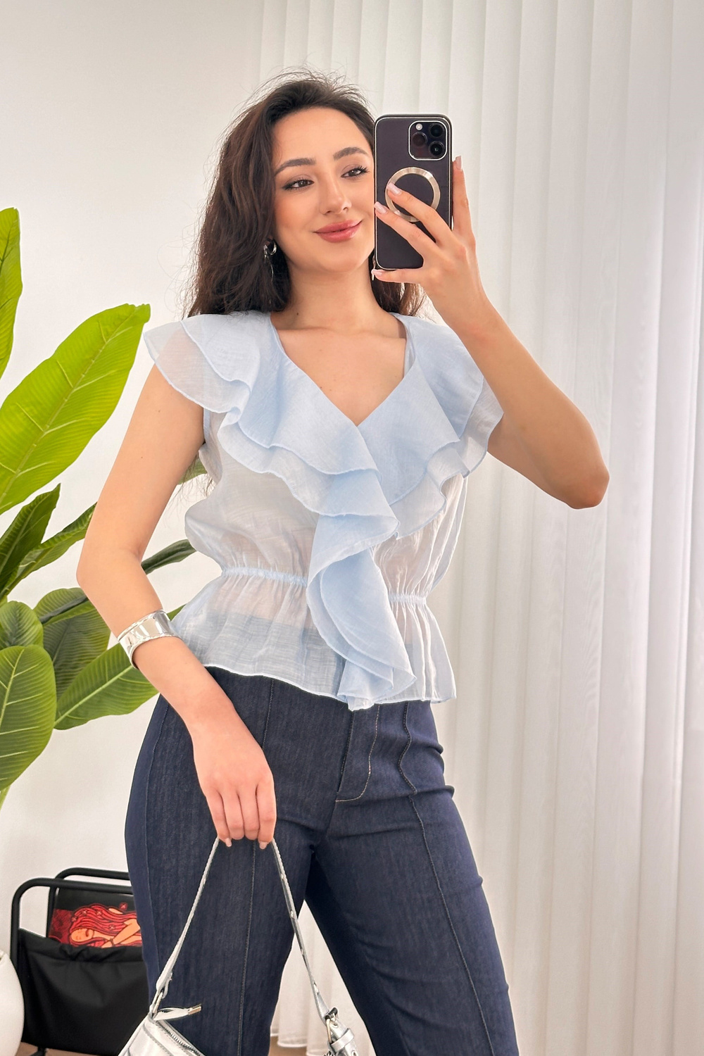 Fırfırlı Beli Lastikli Toptan Bebe Mavisi Bluz