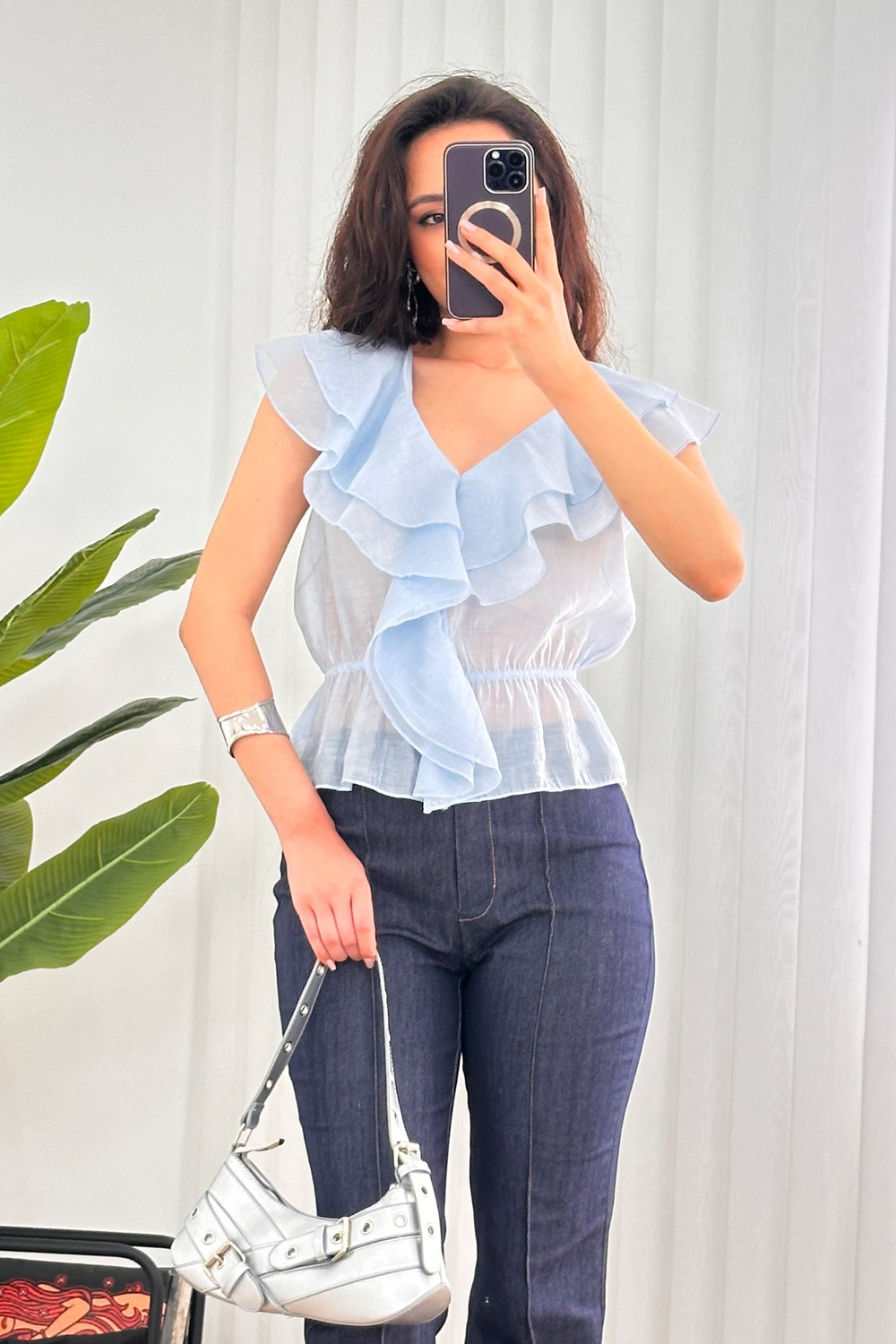 Fırfırlı Beli Lastikli Toptan Bebe Mavisi Bluz
