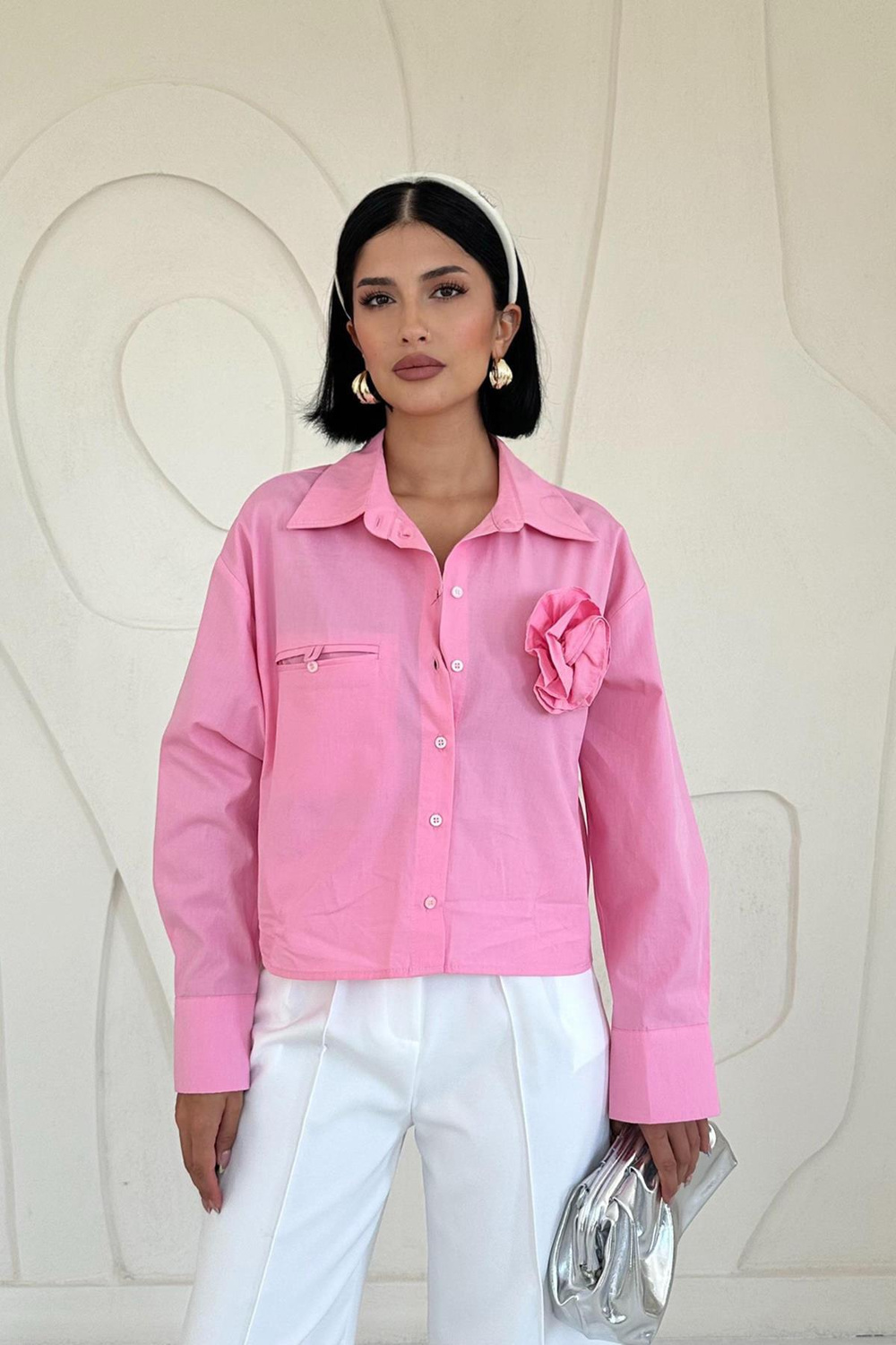 Wholesale Fleto Poplin Shirt with Pockets - Pink