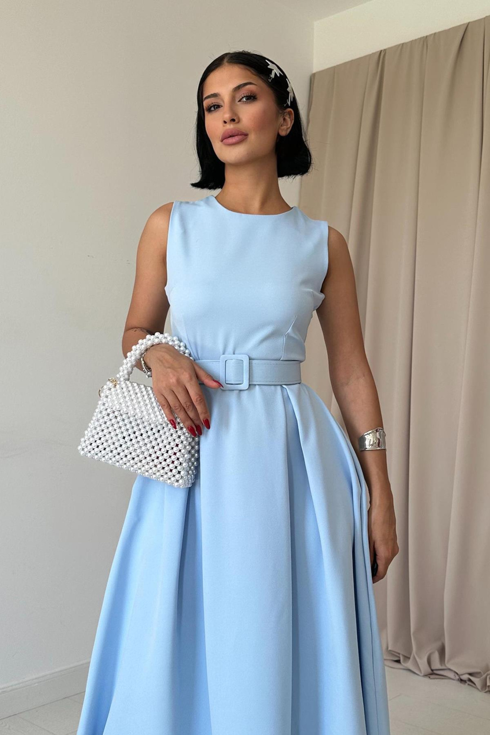 Wholesale Baby Blue Flared Dress with Matching Belt