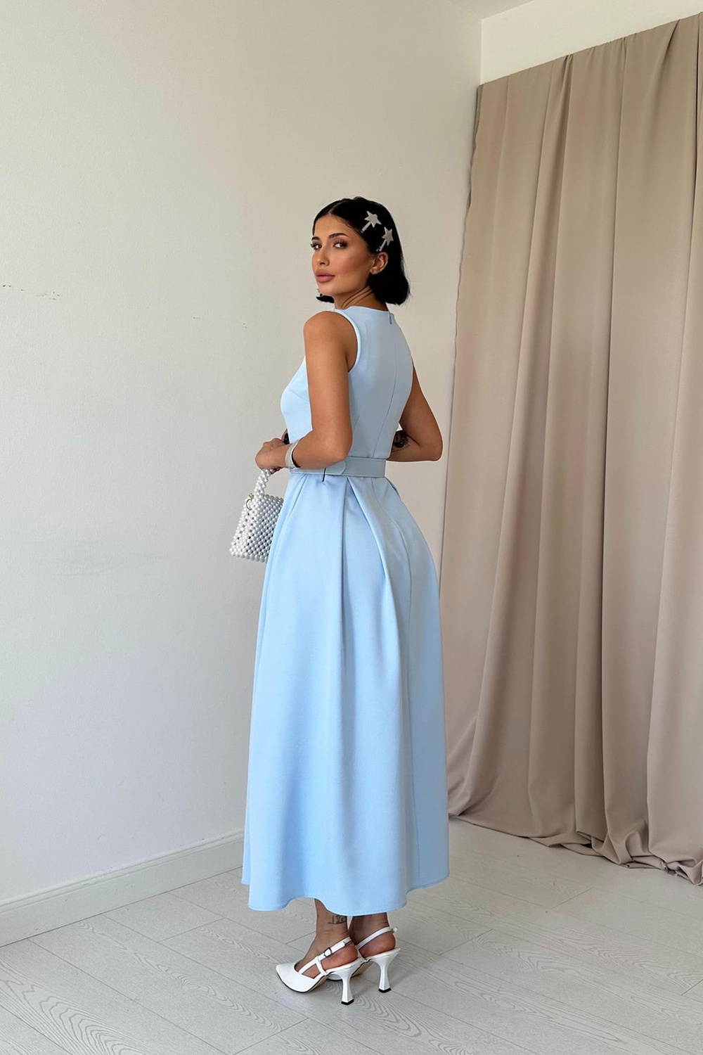 Wholesale Baby Blue Flared Dress with Matching Belt