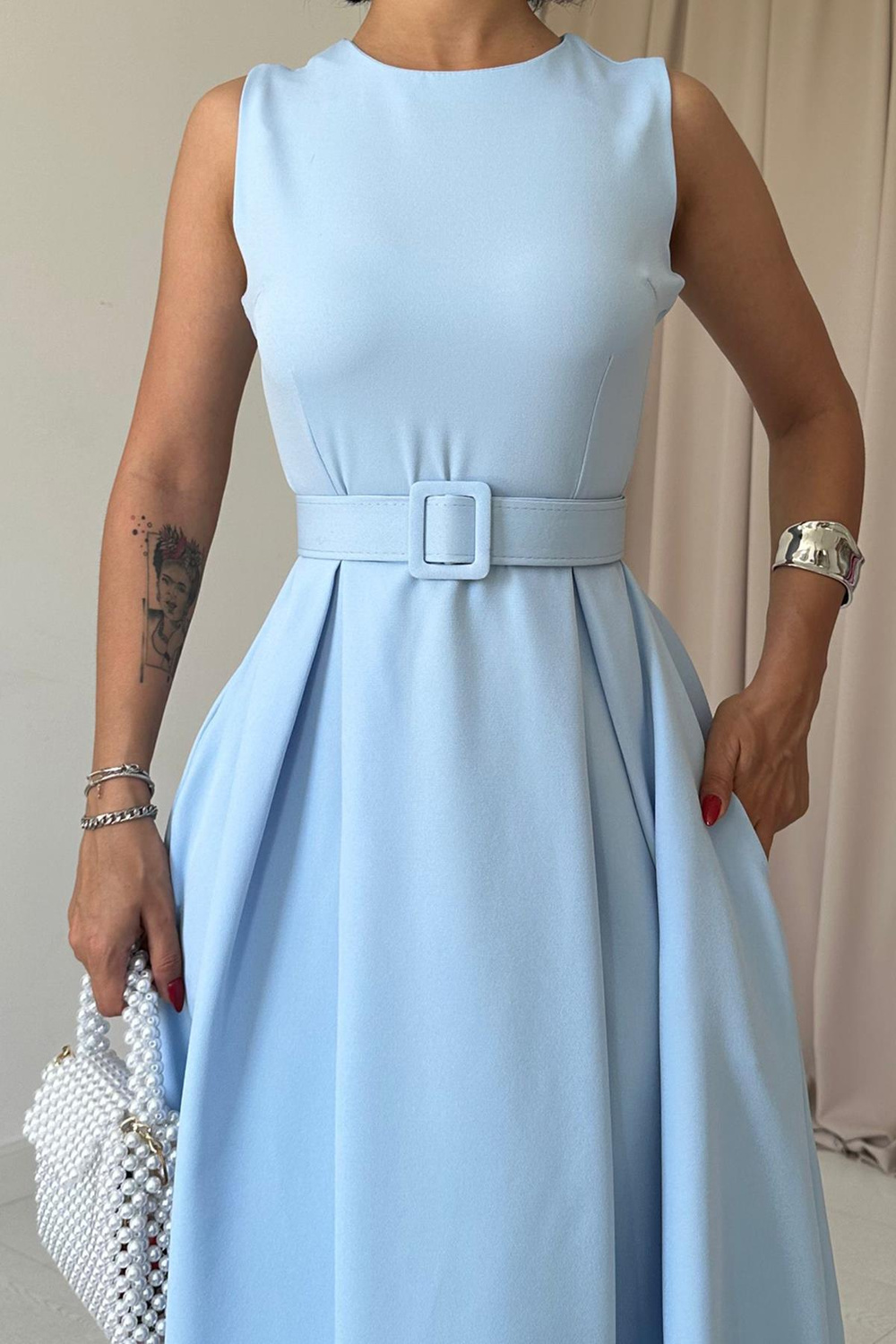 Wholesale Baby Blue Flared Dress with Matching Belt