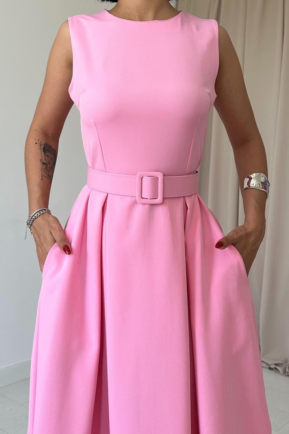 Wholesale Pink Flared Dress with Matching Belt