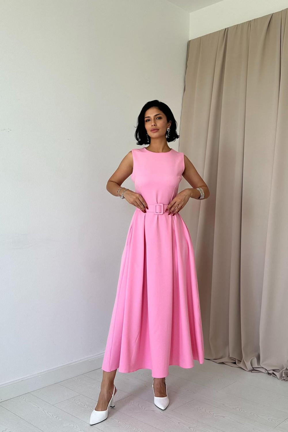 Wholesale Pink Flared Dress with Matching Belt