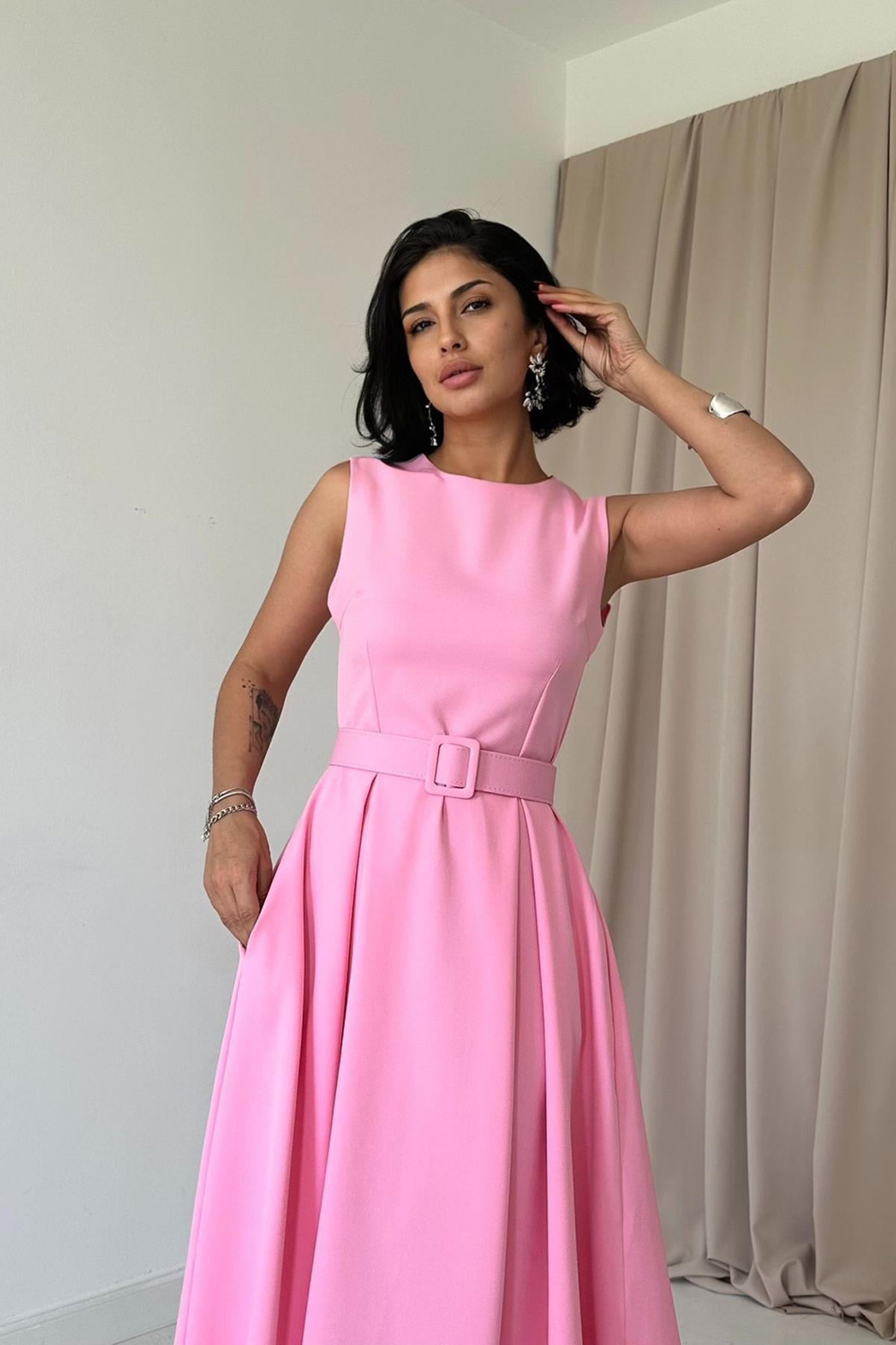 Wholesale Pink Flared Dress with Matching Belt