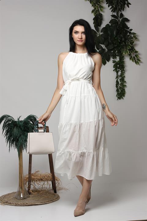 Toptan Ekru Halter Yakalı Kuşaklı Elbise