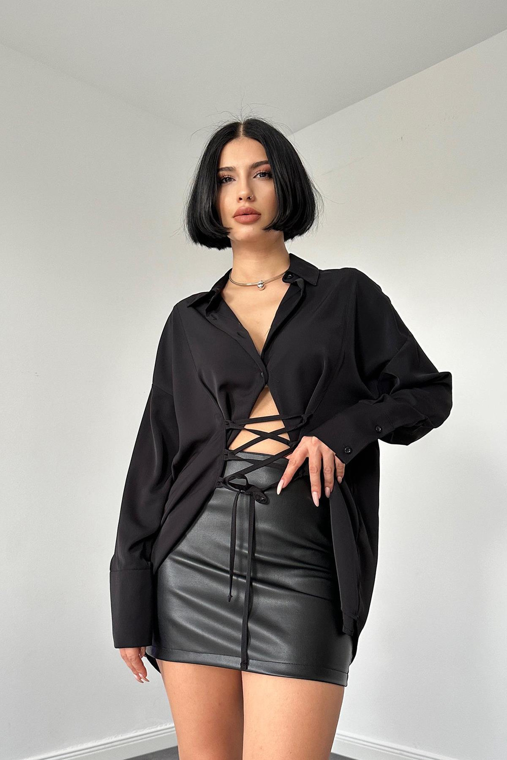 Wholesale Jesica One-Piece Lace-up Shirt - Black