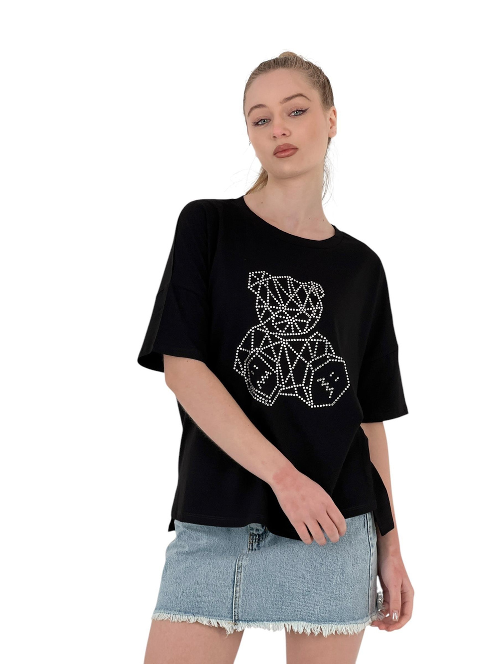 Womens Teddy Bear Stone Printed Short Sleeve Loose Black T-Shirt
