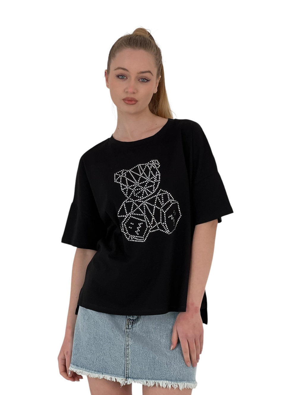 Womens Teddy Bear Stone Printed Short Sleeve Loose Black T-Shirt