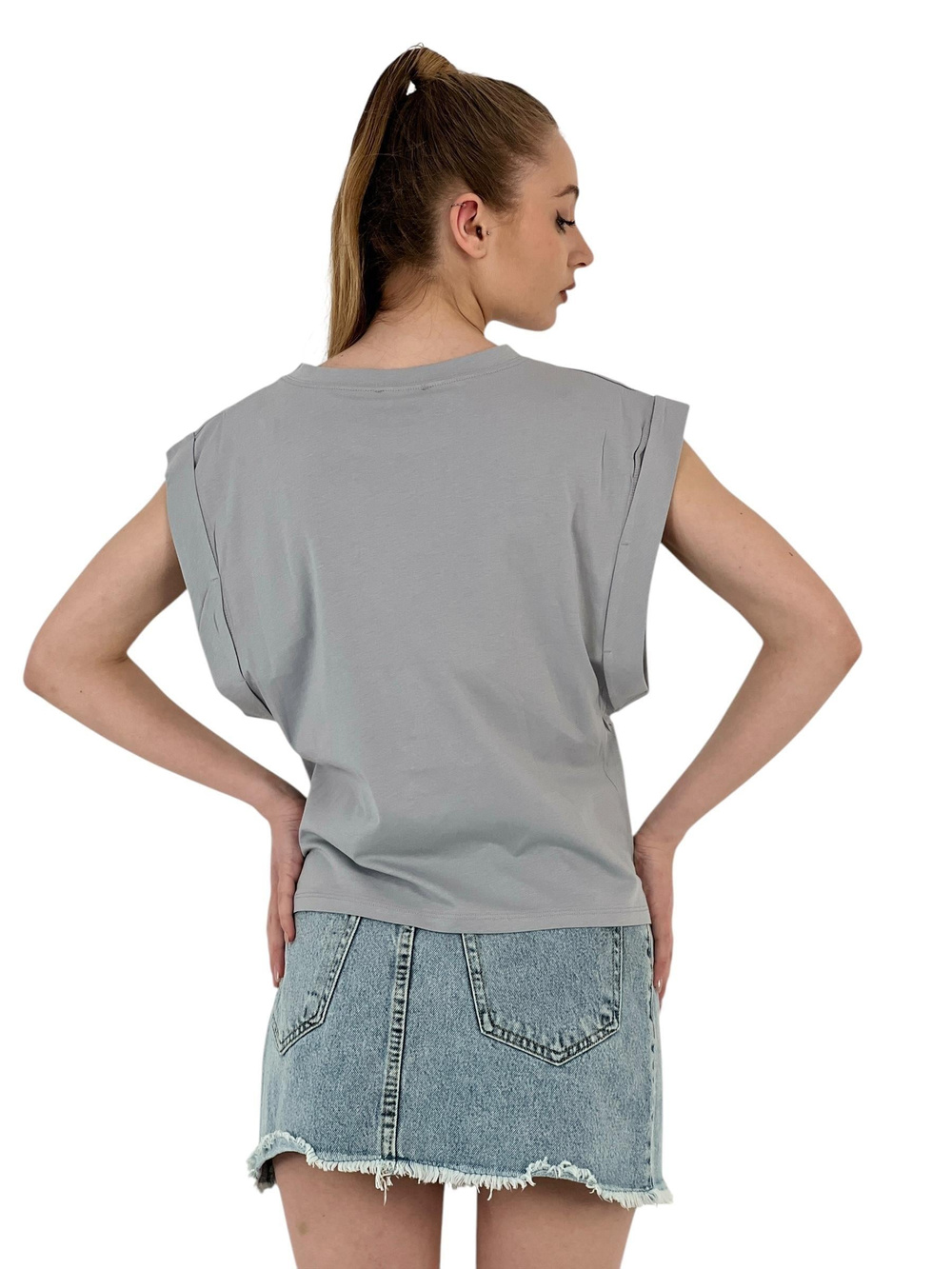 Womens Printed Wide Sleeve Summer Loose Gray T-Shirt