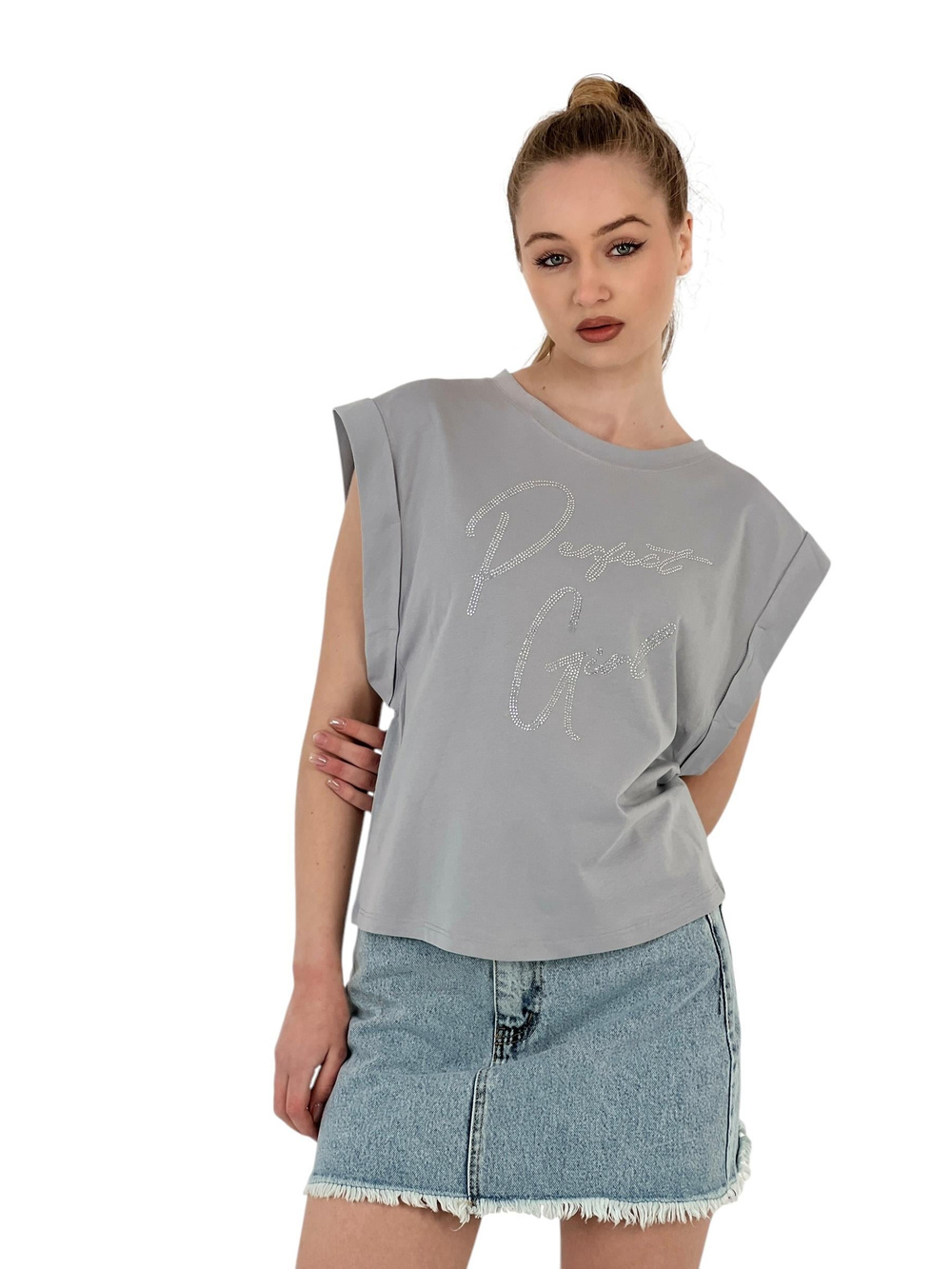 Womens Printed Wide Sleeve Summer Loose Gray T-Shirt