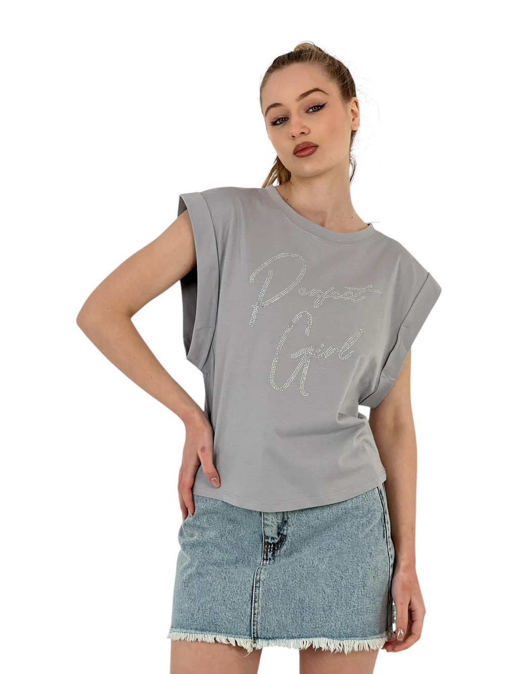 Womens Printed Wide Sleeve Summer Loose Gray T-Shirt