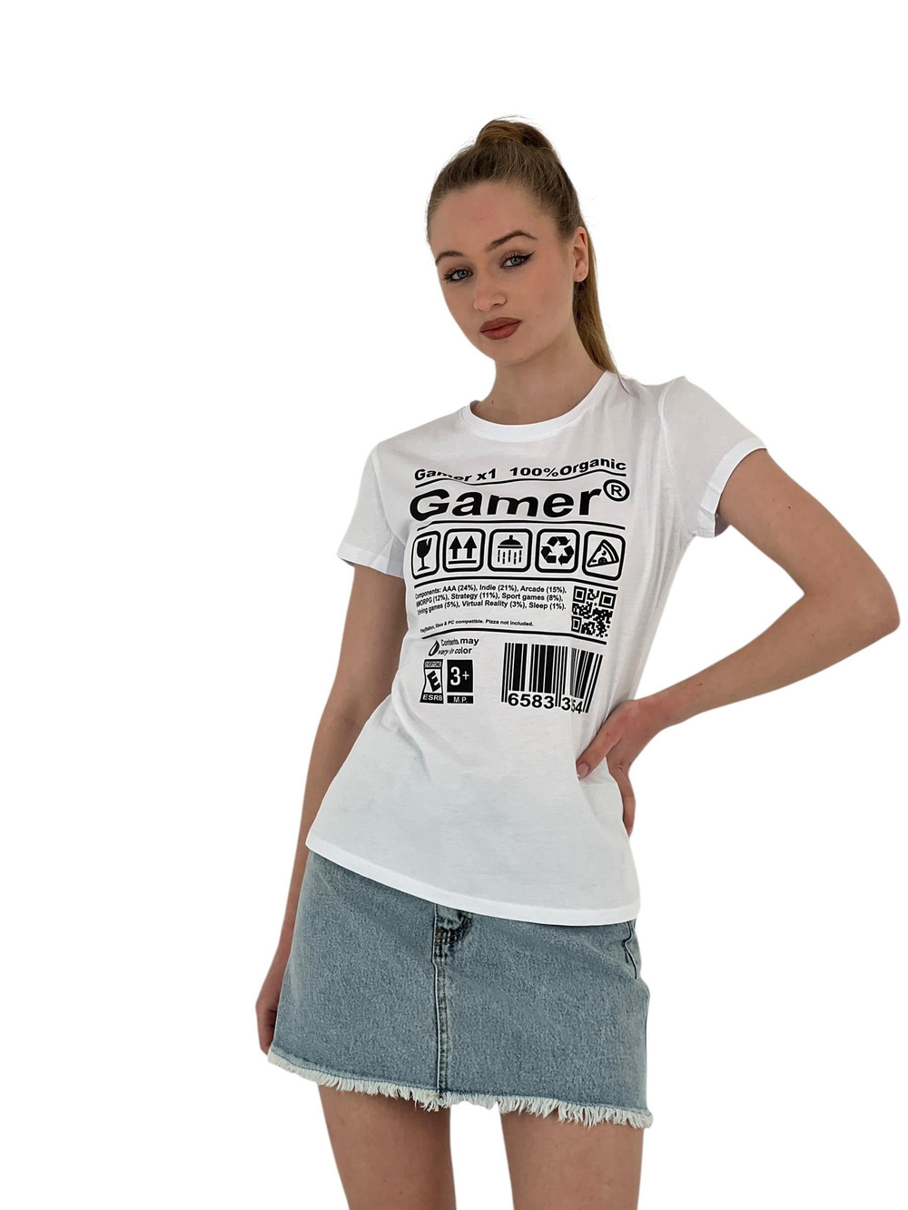 Kadın Gamer Baskılı Kısa Kollu Yazlık Beyaz Tişört