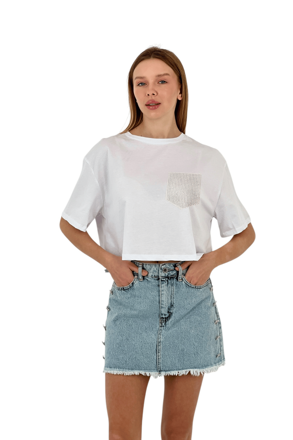 Kadın Taş Detaylı Cepli Crop T-Shirt