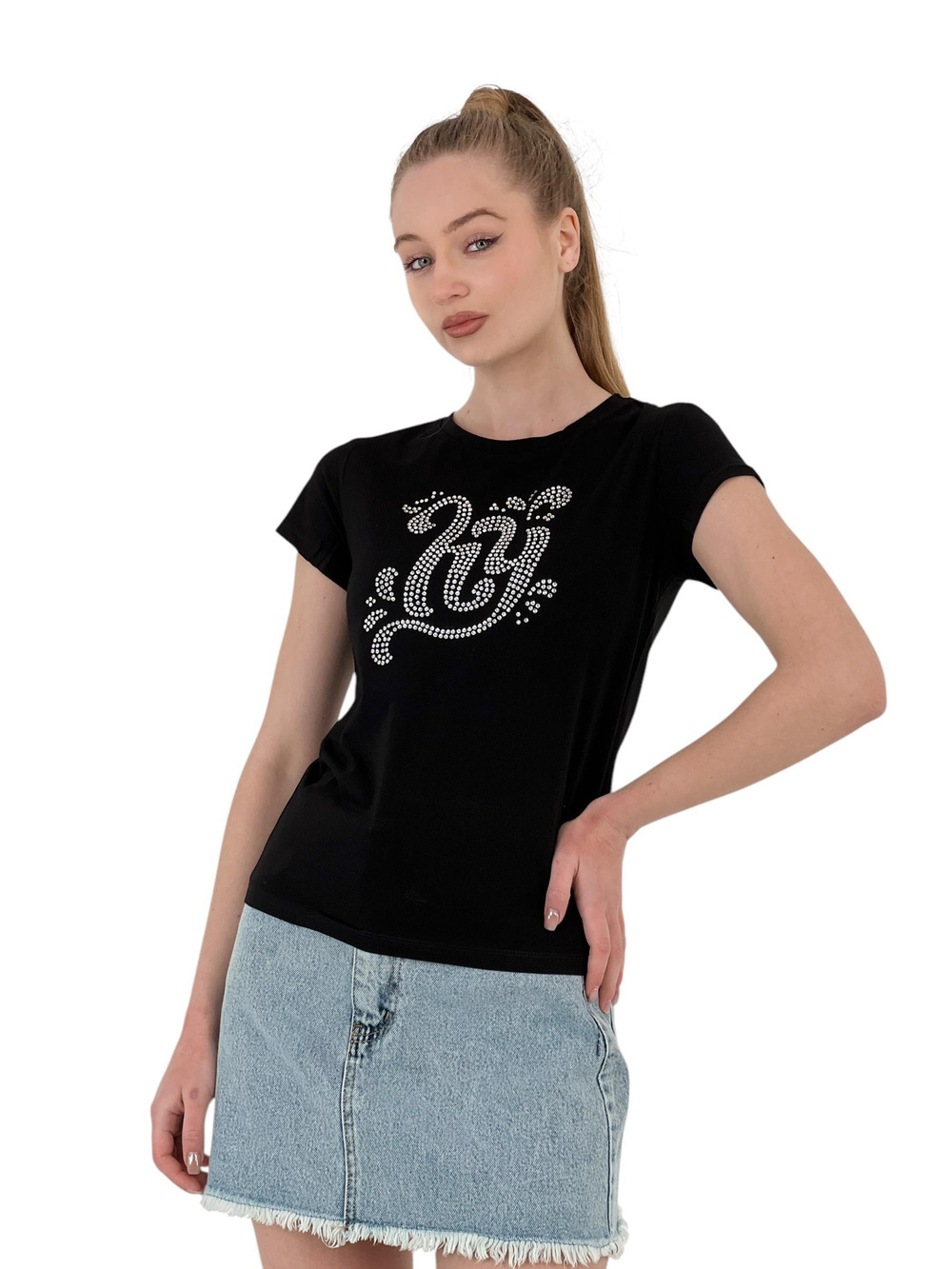 Womens Stone Embroidered Short Sleeve Summer Tight White T-Shirt