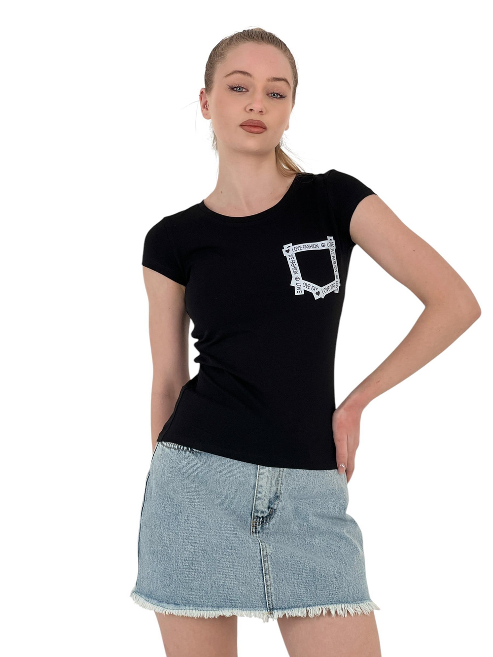 Womens Summer Printed Short Sleeve Tight Black T-Shirt