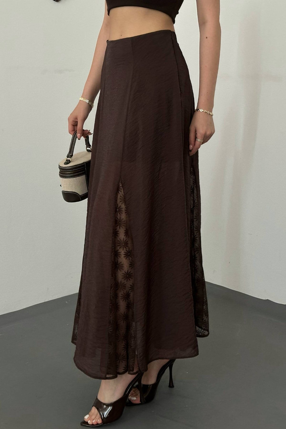 Wholesale Brown Crinkled Maxi Skirt with Lace Panels