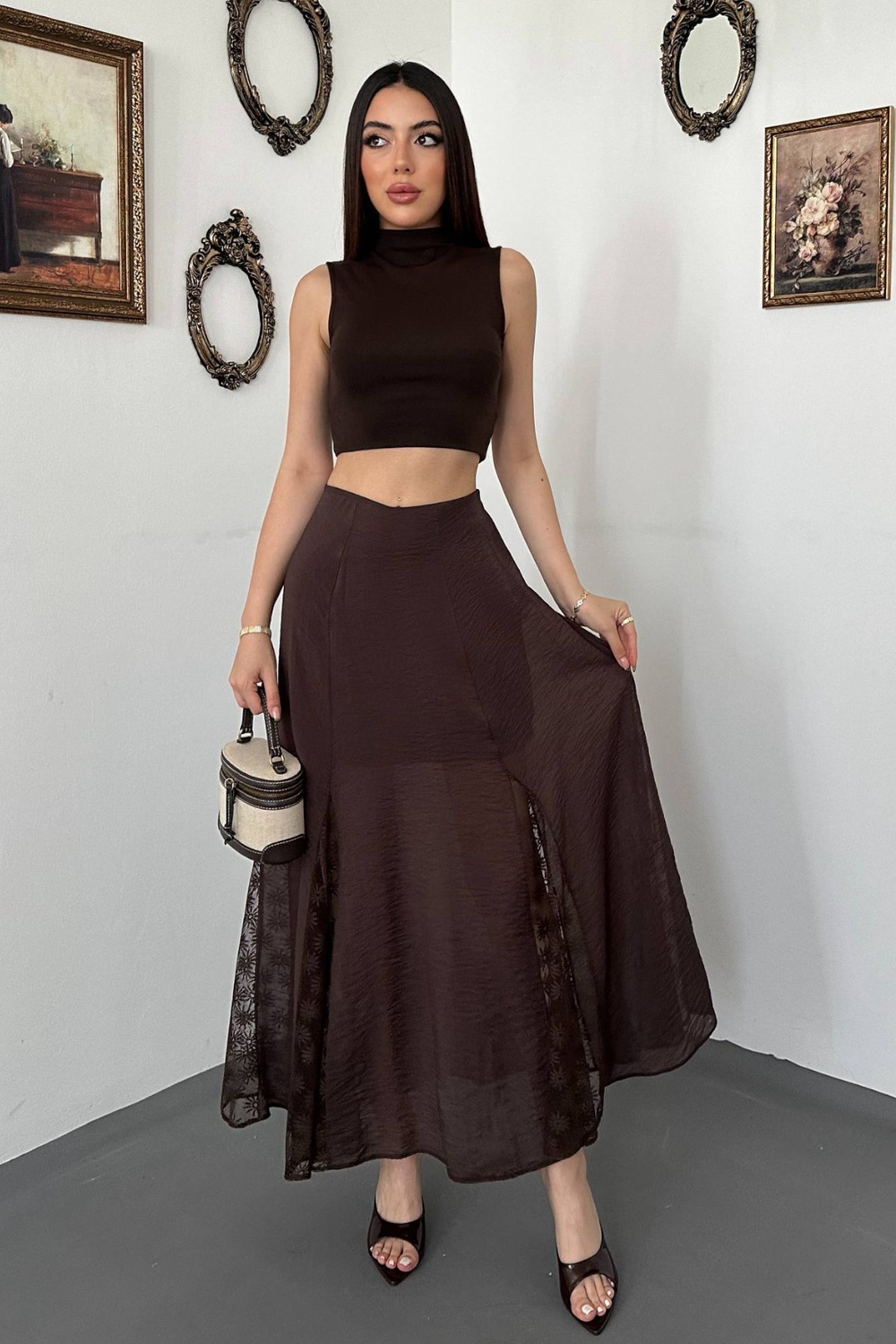 Wholesale Brown Crinkled Maxi Skirt with Lace Panels