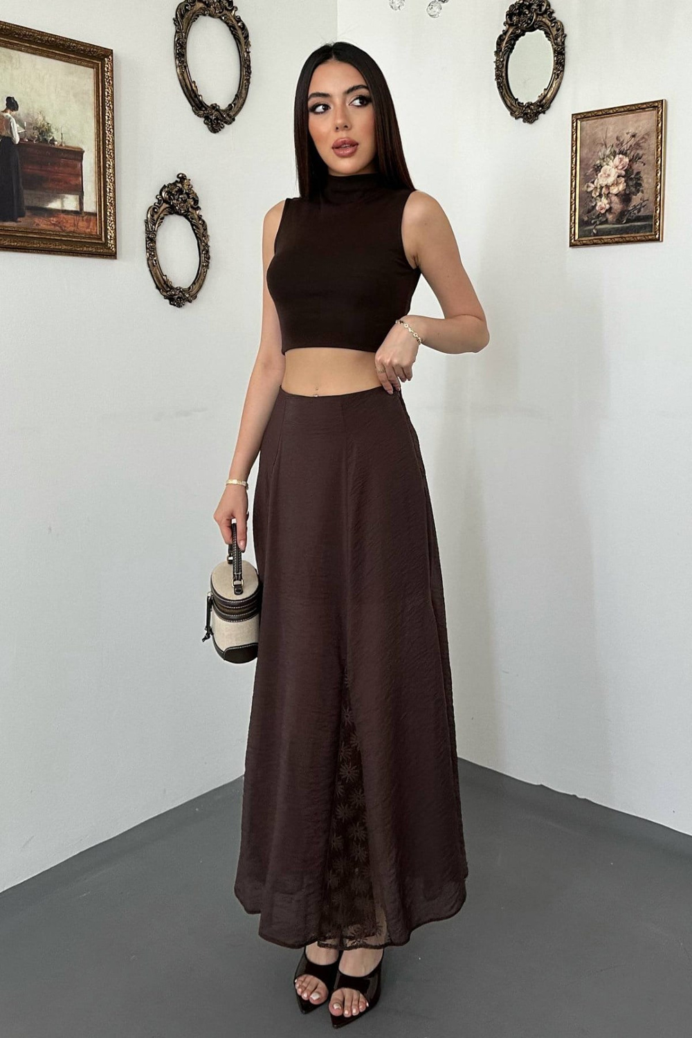 Wholesale Brown Crinkled Maxi Skirt with Lace Panels