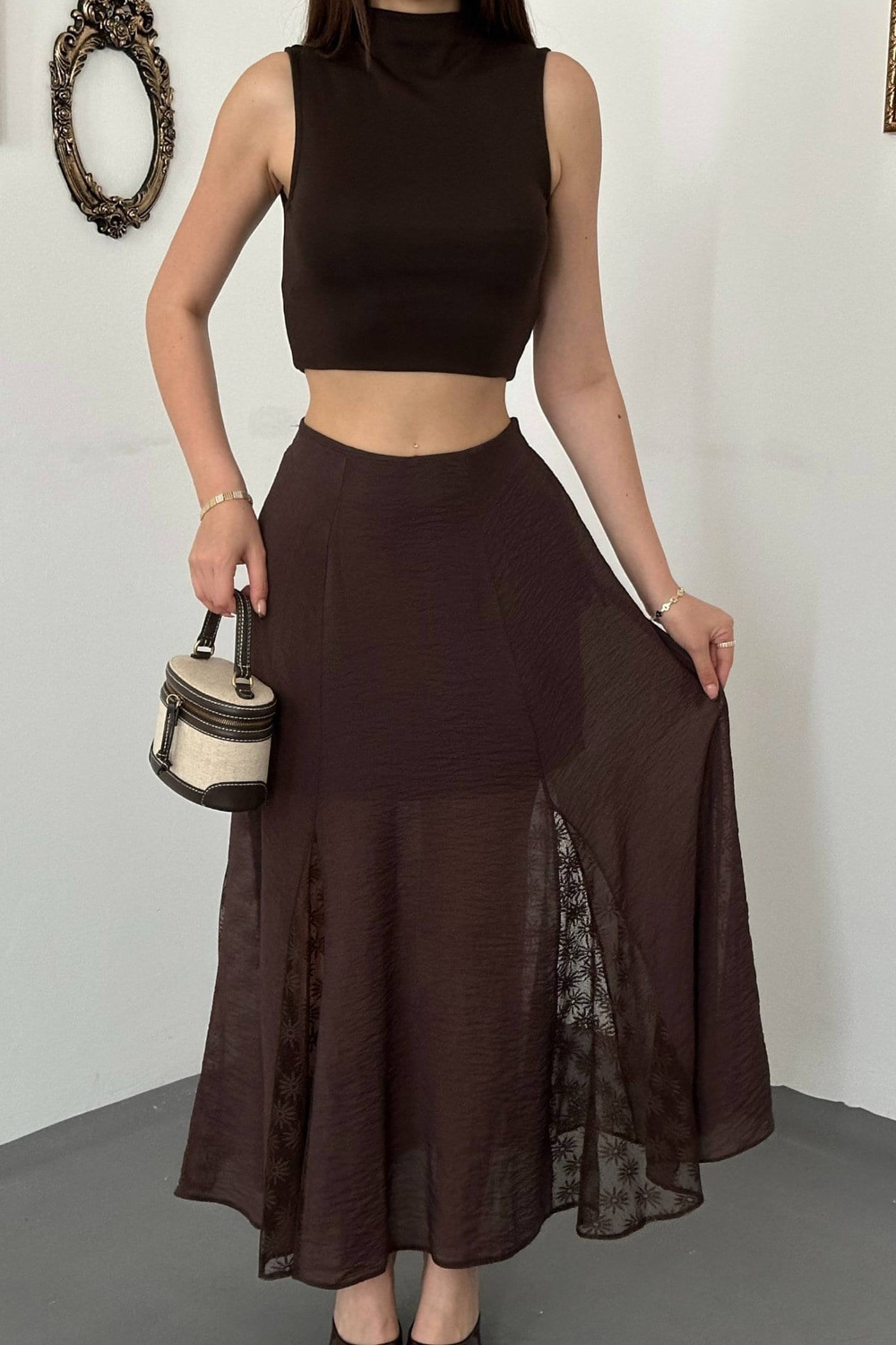 Wholesale Brown Crinkled Maxi Skirt with Lace Panels