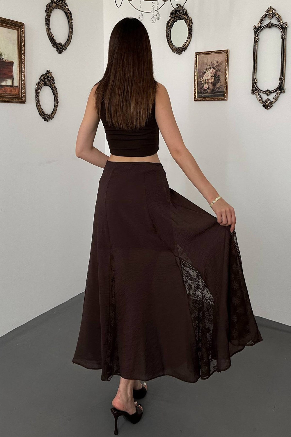 Wholesale Brown Crinkled Maxi Skirt with Lace Panels