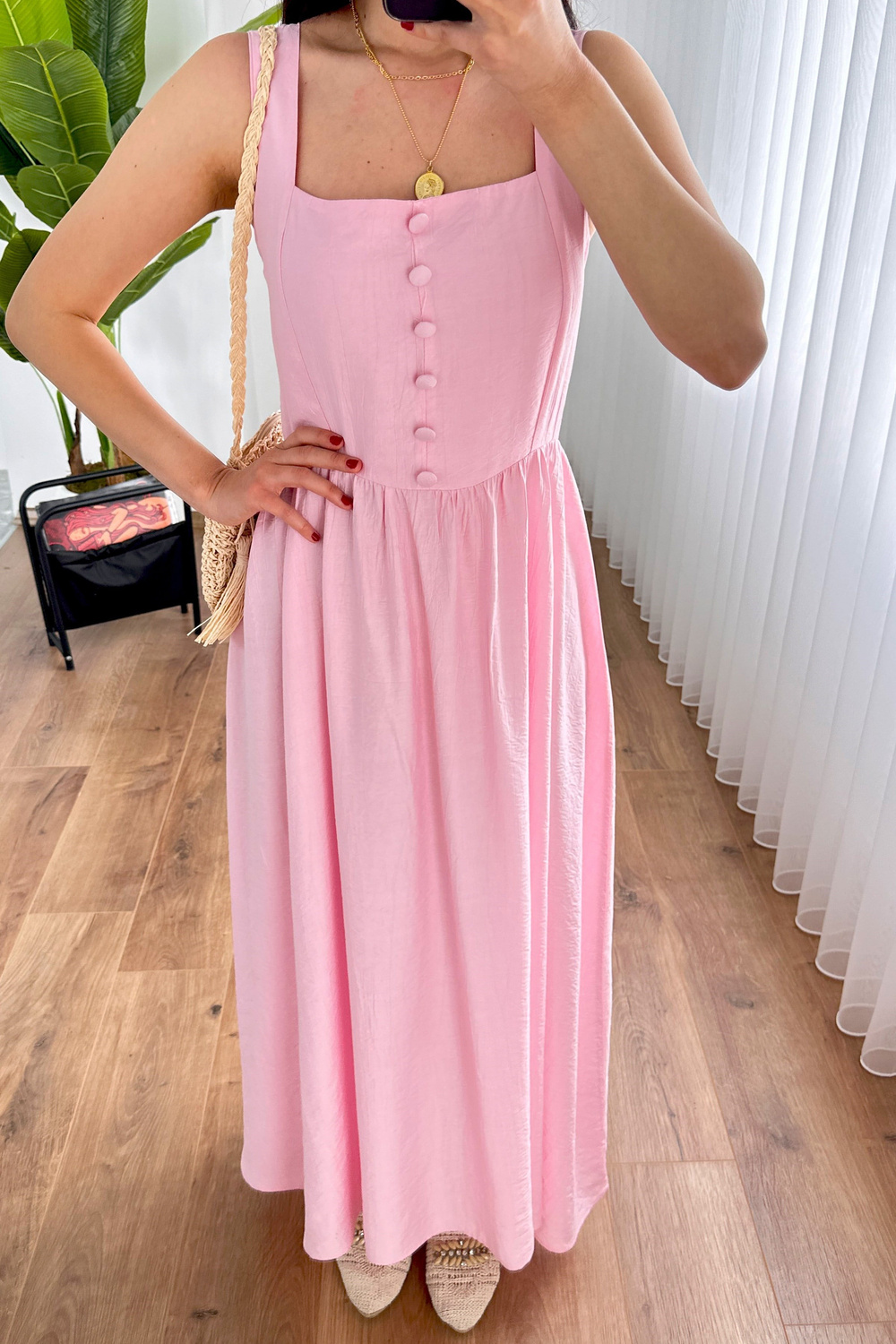 Kalın Askılı Uzun Toptan Pembe Elbise