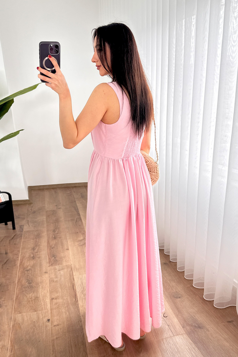 Kalın Askılı Uzun Toptan Pembe Elbise