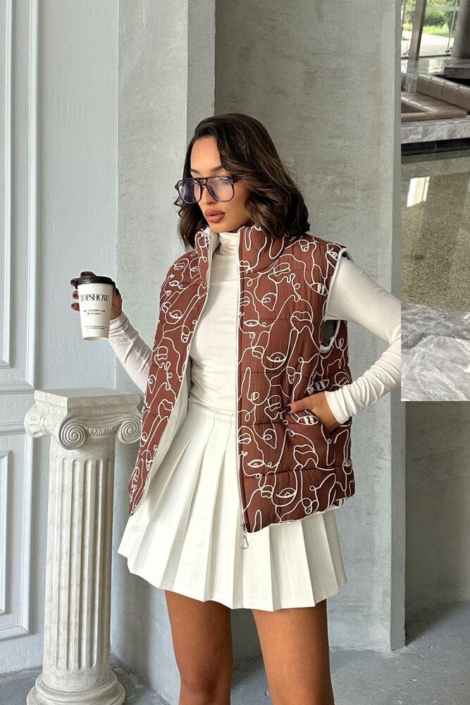 Mixed Print Patterned Fiber Inflatable Wholesale Vest - Coffee