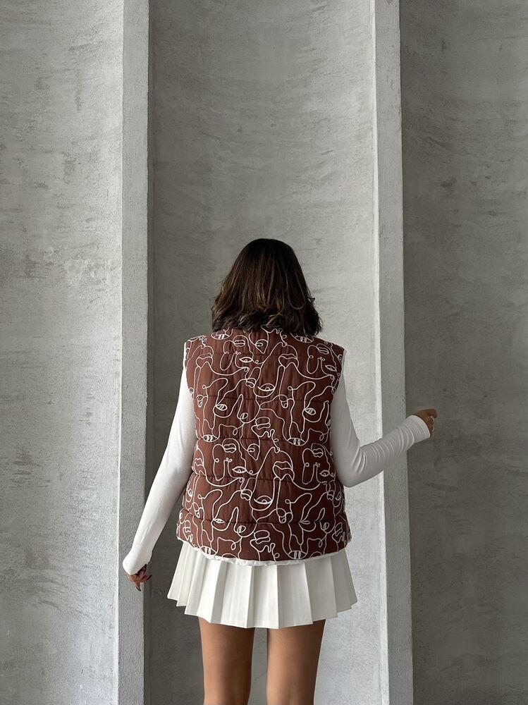 Mixed Print Patterned Fiber Inflatable Wholesale Vest - Coffee