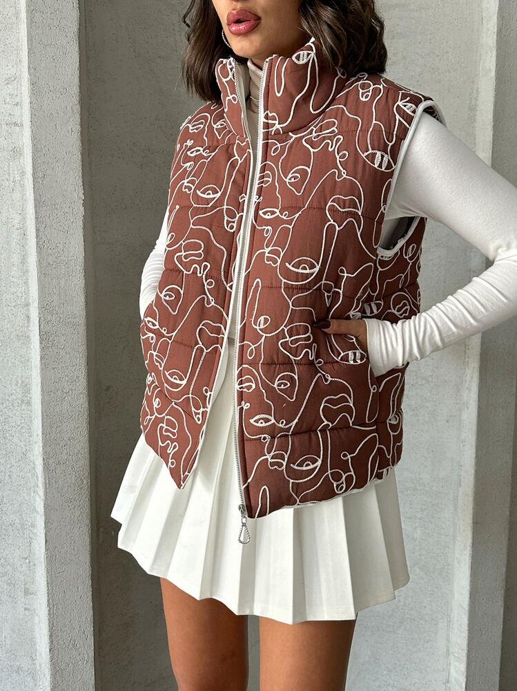 Mixed Print Patterned Fiber Inflatable Wholesale Vest - Coffee