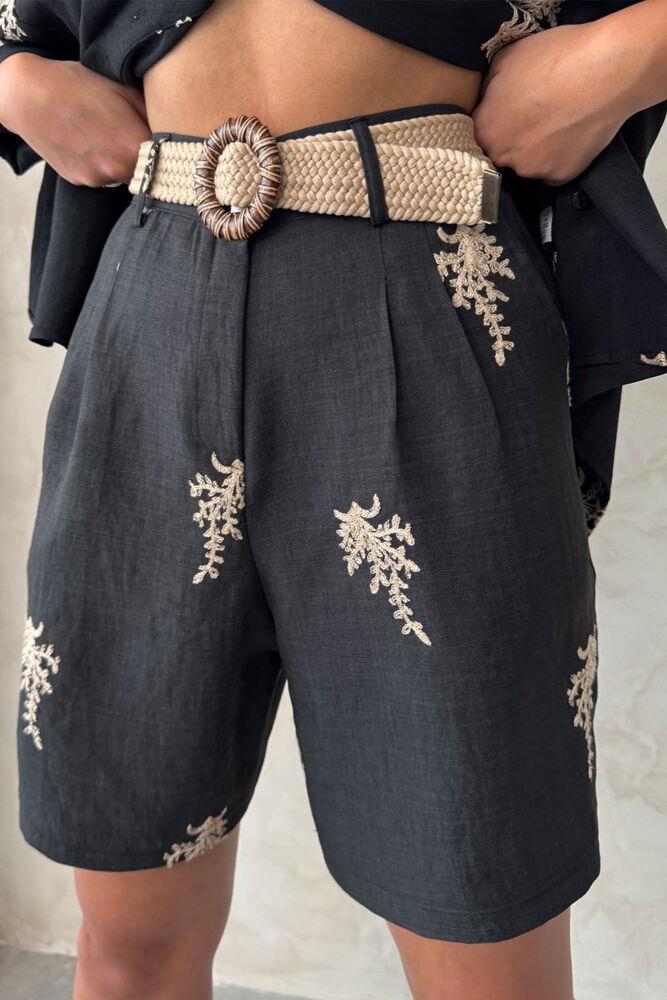 Embroidered Linen Shorts with Belt Detail - Black