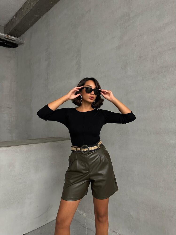 Leather Wholesale Shorts with Belt - Khaki