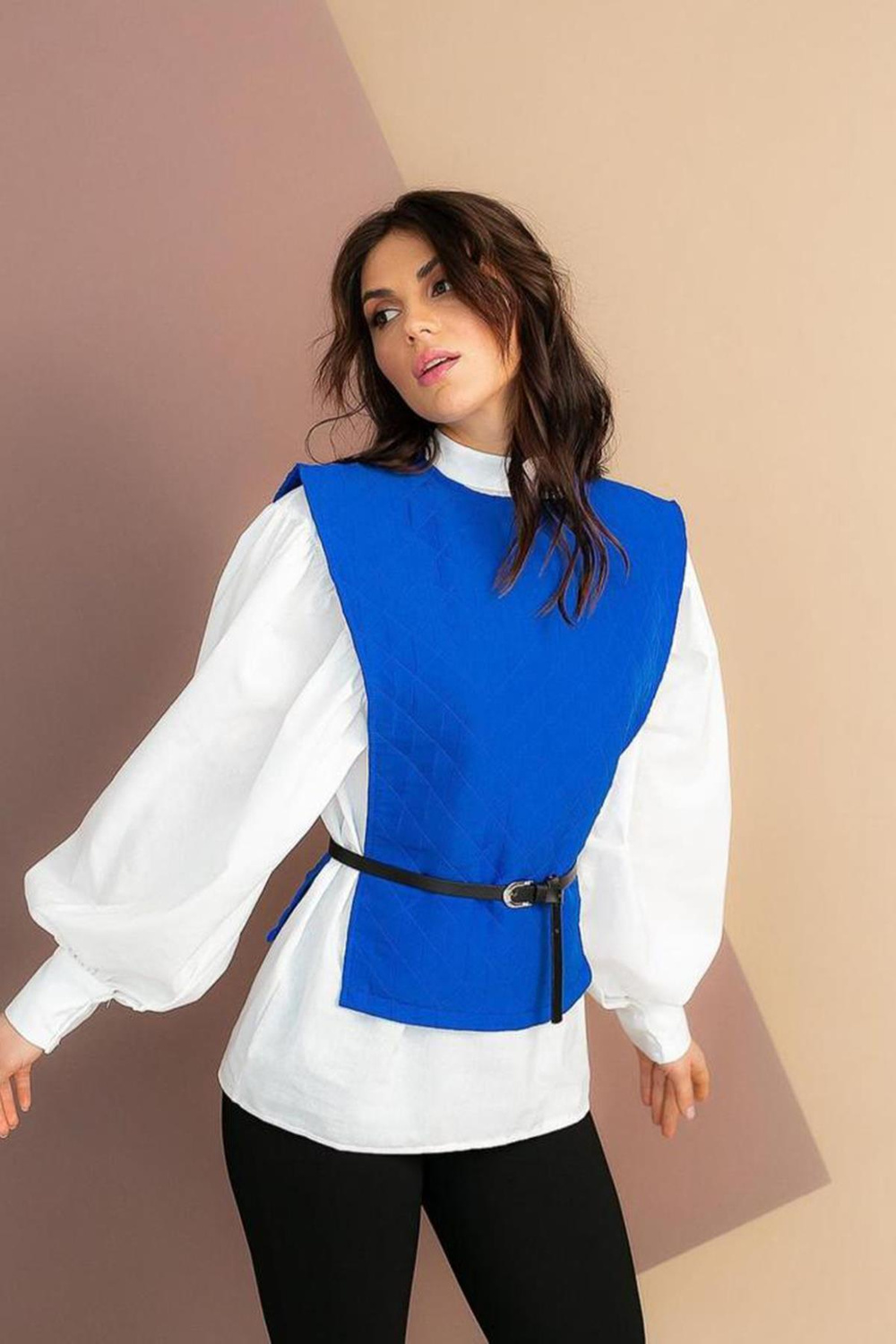 Wholesale Belted Shirt And Poncho Suit - Blue
