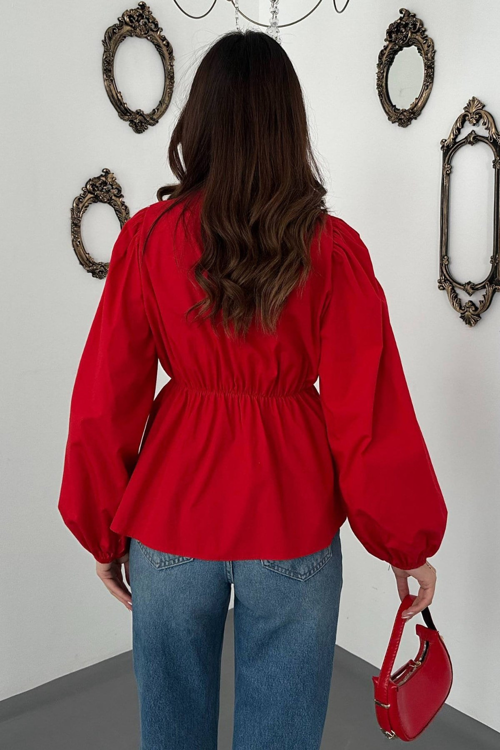 Wholesale Red Blouse with Elastic Waist and Balloon Sleeves